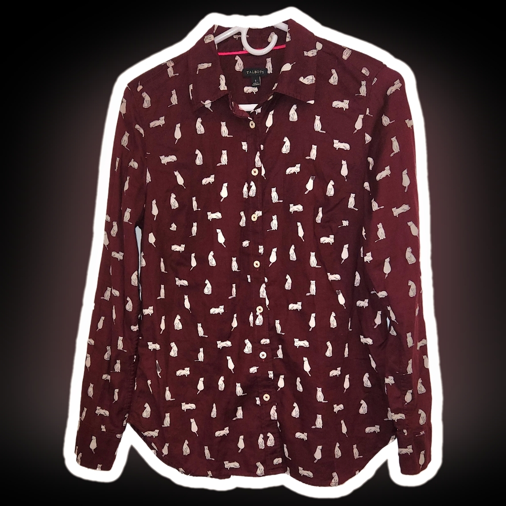 Talbots Women's Small Shirt Cat Print Button Up Long Sleeves Red Kittens…